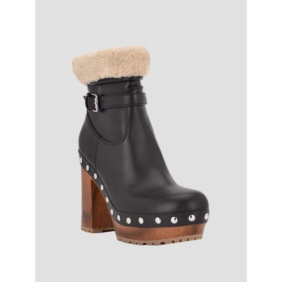 Guess Women’s Leather Booties Faux Fur & Studded Block Heels In Black Size 8.5 - Picture 3 of 7